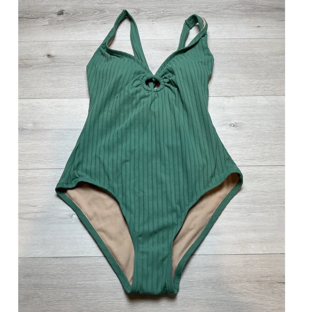 Kona Sol Ribbed O-Ring One Piece Swimsuit Women Size M Green New With Tags